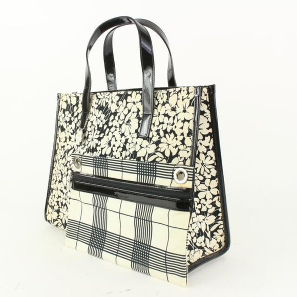 Burberry Black x White Floral Shopper Tote with Nova Check Pouch 922Bur86 - Picture 2 of 12